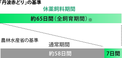 「丹波赤どり」の基準:【休薬飼料期間】約65日間(全飼育期間)※、農林水産省の基準:【通常期間】約58日間、【休薬飼料期間】7日間
